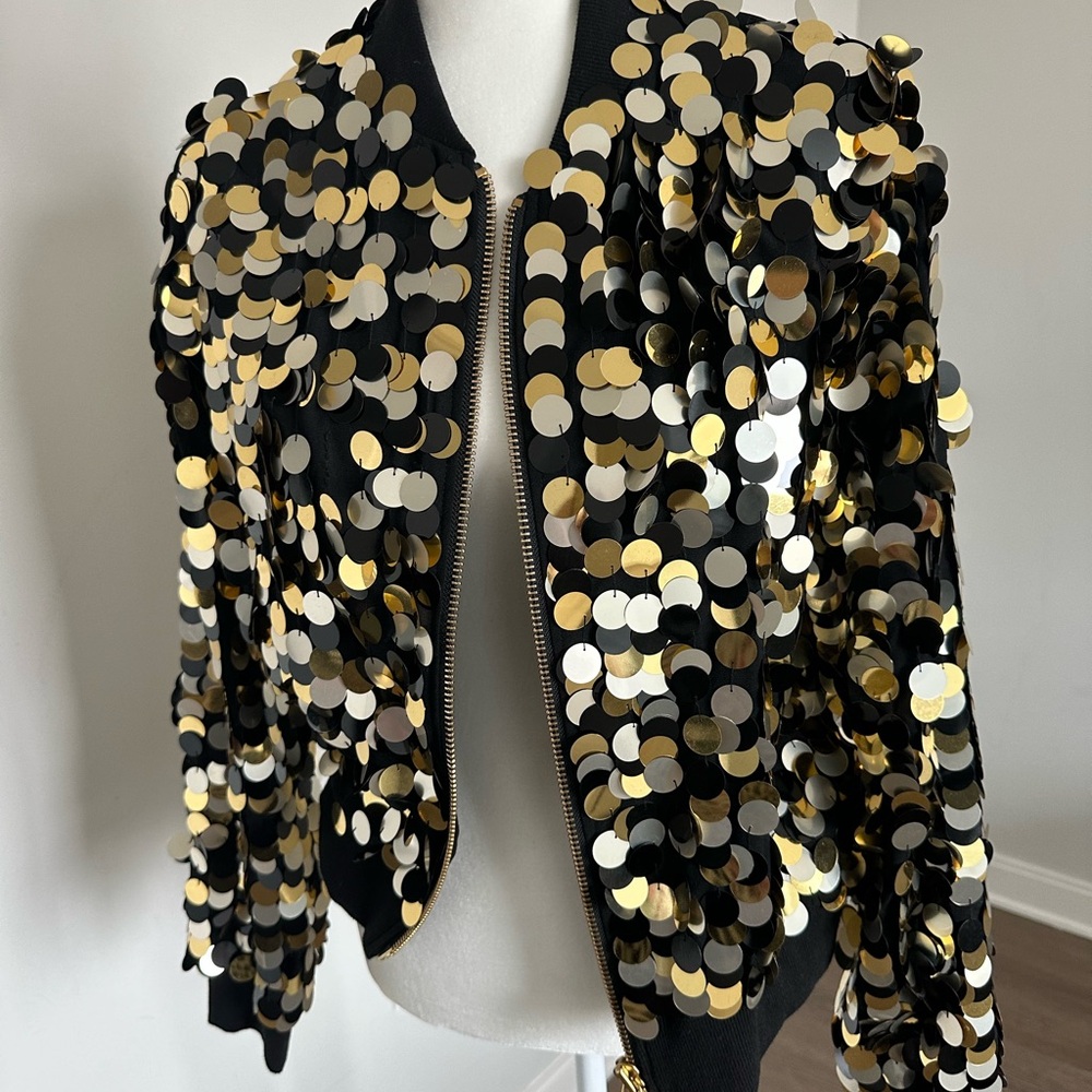 Rachel Zoe Black and Gold Sequin Bomber Jacket